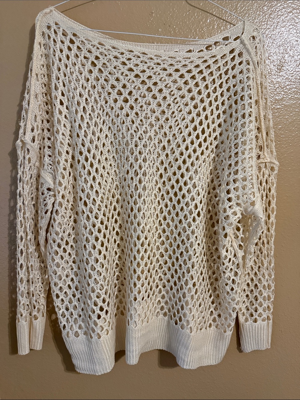Open-Knit Crew Neck Sweater in Cream - Lightweight Layering Pullover. No size
